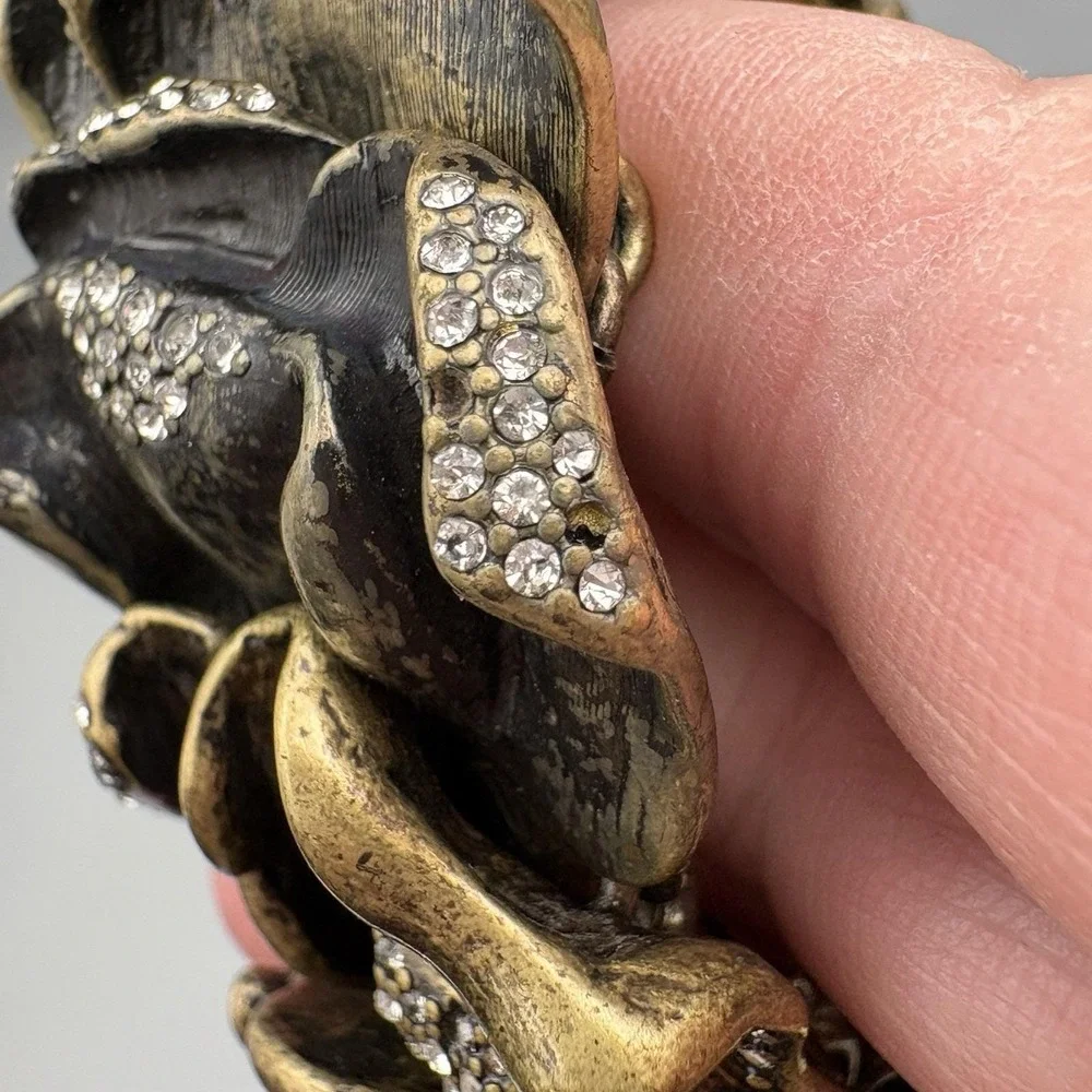 Vintage Rose Statement Bracelet Bronze Crystals Romantic HEAVY